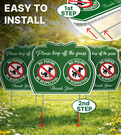 Set of 3 Please Keep Off The Grass Plastic Sign with Metal Wire H-Stakes - 12x8 inch No Peeing and No Pooping Dog Sign - Double Sided Please