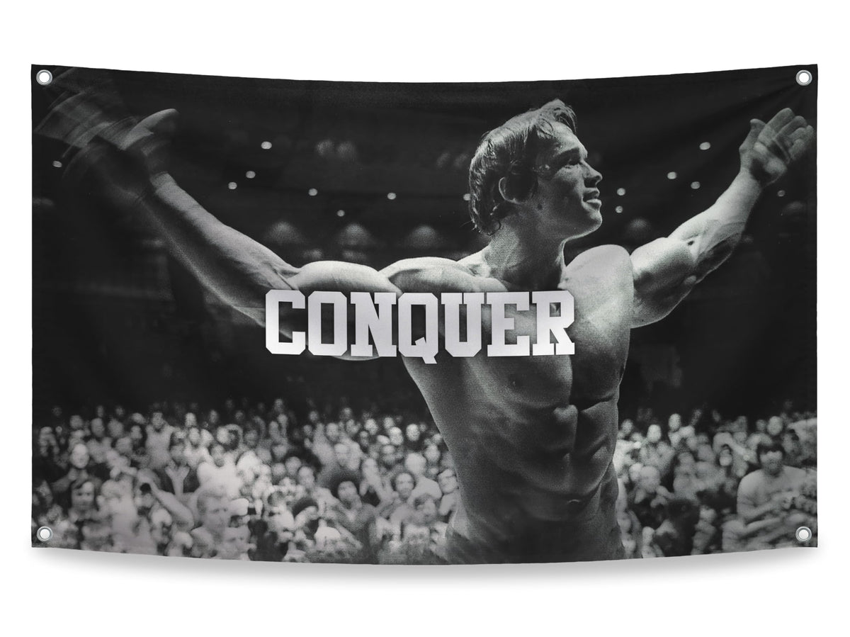 3x5 ft Schwarzenegger Conquer Flag – Motivational Gym Banner