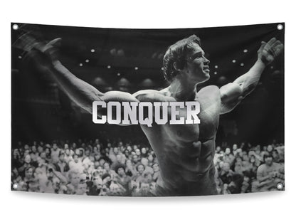 3x5 ft Schwarzenegger Conquer Flag – Motivational Gym Banner