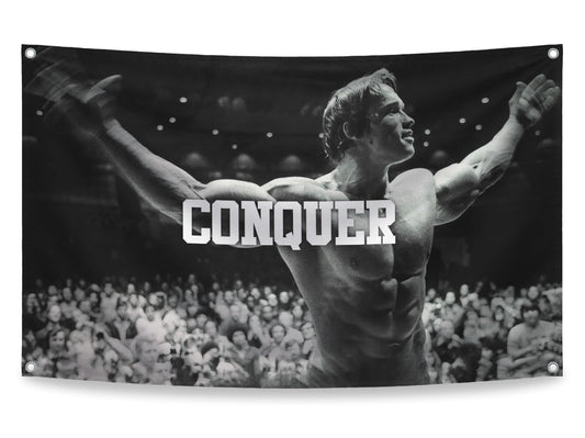 3x5 ft Schwarzenegger Conquer Flag – Motivational Gym Banner