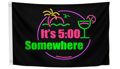 3x5 Ft It's 5 O'Clock Somewhere Polyester Flag with 2 Grommets - Pub Advertising Single Sided Banner - Tropical Summer Beach Drinking