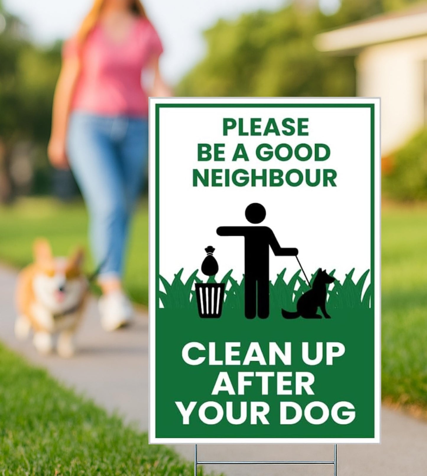 3X Single Sided 12х8 inch Clean Up After Your Dog Plastic Sign with Metal H-Stakes - Be a Good Neighbor Sign - Pick Up Your Dog Poop Signs
