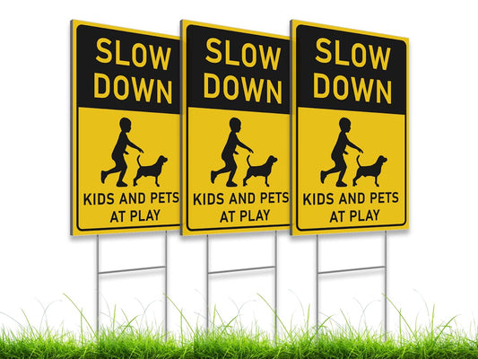 8x12 inch 3X Slow Down Kids and Pets at Play Yard Plastic Signs with Metal Wire H-Stakes - Street Slow Children at Play Double Sided Sign