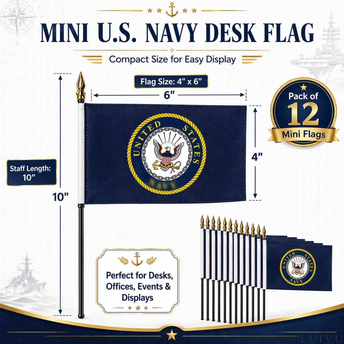 4x6 in US Military Service Desk Flags, Pack of 12 – Mini Stick Flags