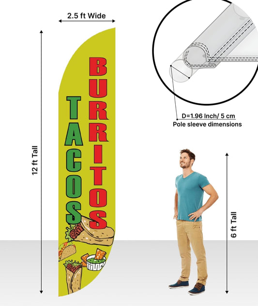 12x2.5 Feet Tall Feather Flags "Tacos and Burritos" - Outdoor Business Advertising Tall Flag - Single Sided Feathers Banners Food Themed