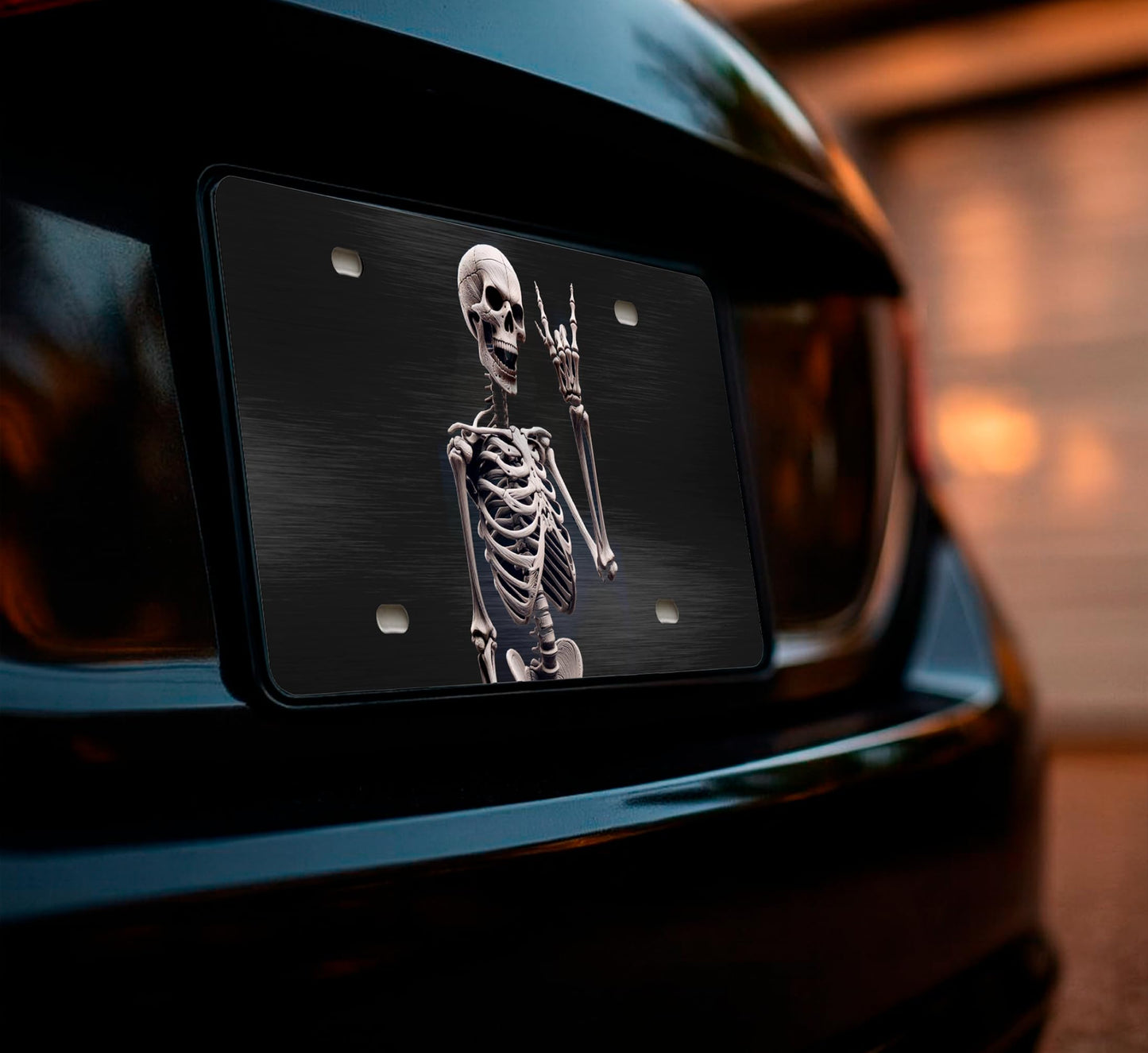 Personalized Human Skeleton Black License Plate Frame. Funny Halloween Skull Front License Plate Frames Designs with 4 Standard Slotted Mounting Holes