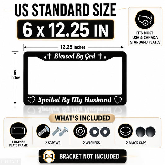6x12.25 in Blessed by God, Spoiled by My Husband License Plate Frame – Black