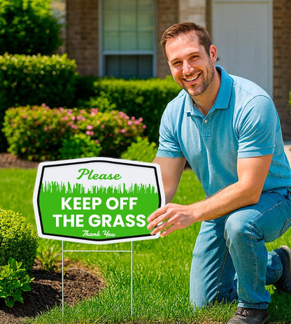 Set of 3 Double Sided 12x8 Inches Plastic Please Keep Off The Grass Thank You Signs with Metal H-Stakes - Curb Your Dog no Pooping