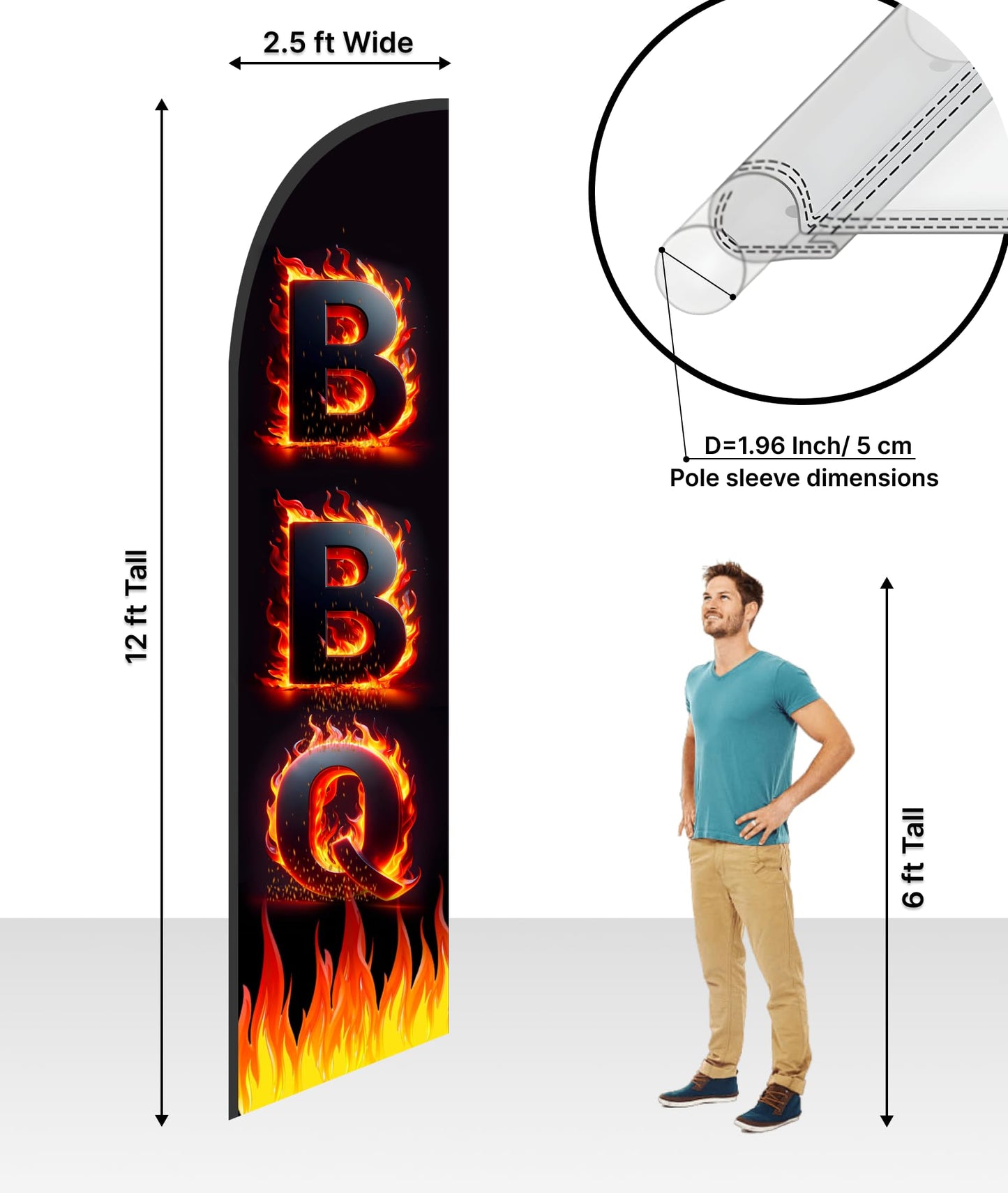 12x2.5 Feet Tall Feather Single Sided Flags "BBQ" - Barbeque Swooper Advertising Flag for Outside - Special and BBQ Themed Flag