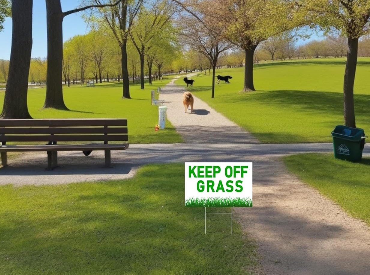 Set of 3 Please Keep Off Grass Signs with Metal Wire H-Stakes - 12x8 Inch Plastic Coroplast Security Please Stay Off My Grass - No Pet Pooping