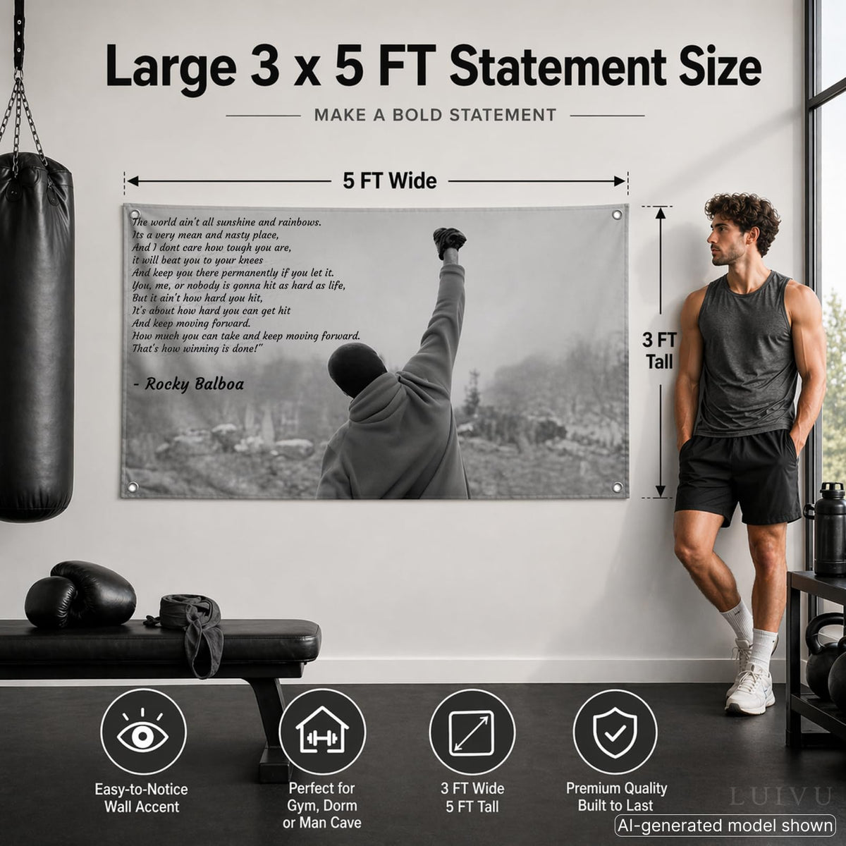 3x5 ft Rocky Motivational Gym Flag – Boxing Wall Banner for Home Gym & Dorm