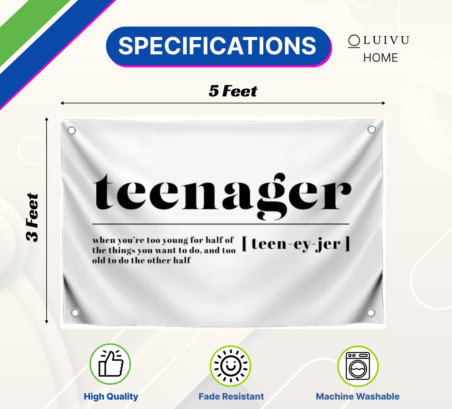 3x5 Feet Meme Flag with Quote "Teenager" with Four Brass Grommets - Polyester Banner for Decor Student Bedroom.Funny Wall Flags for Decoration College