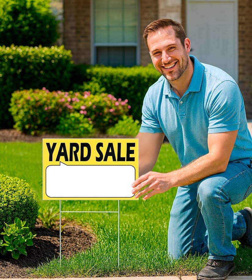 Set of 3 Double Sided 12x16 Inches Plastic Yard Sale Signs with Metal H-Stakes