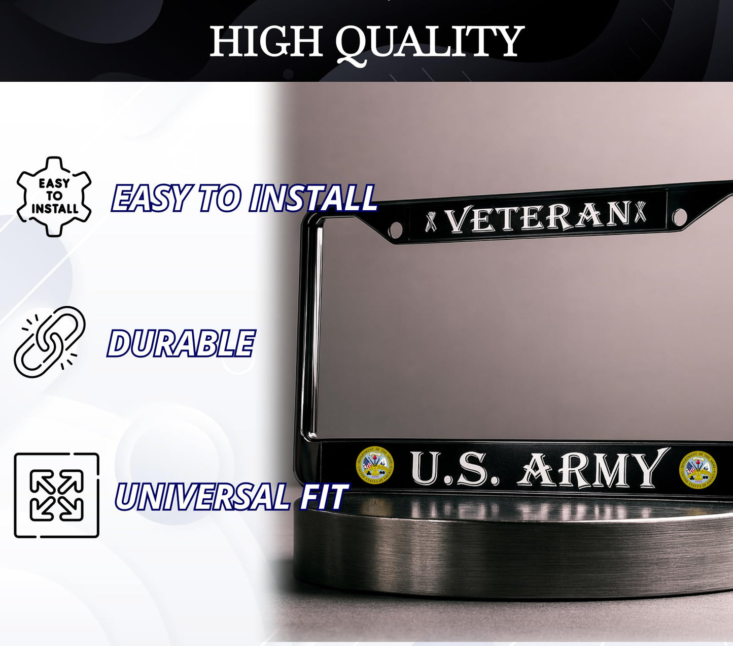 License Plate Frame US Army Veteran - Stainless Steel Frame for Front and Rear - Metal Plate Frame with 2 Holes and Screws 6x12.25 inches