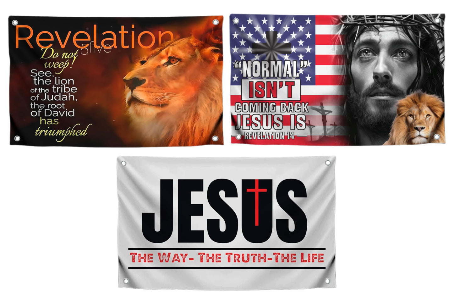 Set of 3 Christian Polyester Flags 3x5 Feet with 4 Brass Grommets - Christian Jesus American Flags for Outside or Inside. Americane Flag Lion of Judah