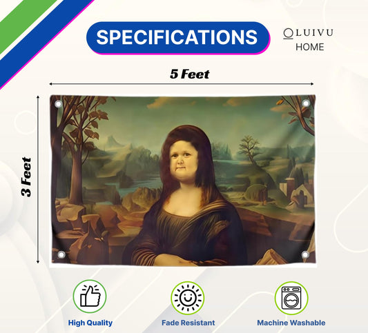 3x5 Ft Polyester Flag with 4 Brass Grommets - Mona Lisa Parody with Round Face - Art Meme Flags - Funny Decoration Poster for Home