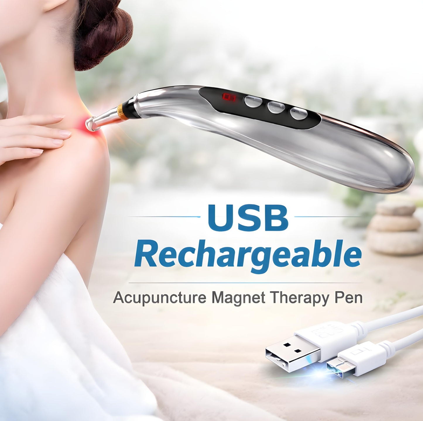 Acupuncture Pen Electronic.USB Rechargeable Pain Relief Electric - for Meridians Energy Pens Massager.Massage Tool with 3 Massage Heads, 2 Massage Gel