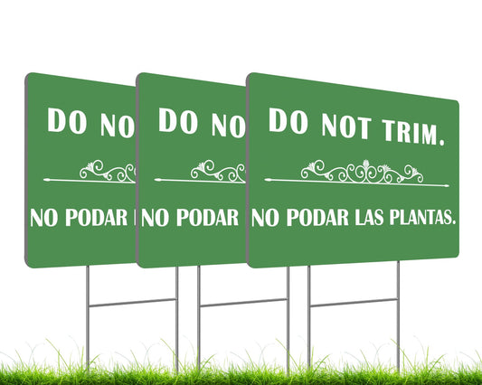 3 Pcs 12x8 Inches Corrugated Plastic Do Not Trim Yard Signs with Metal Stakes - Bilingual Plastic Plant Signs or Garden Markers for Outdoor Lawn