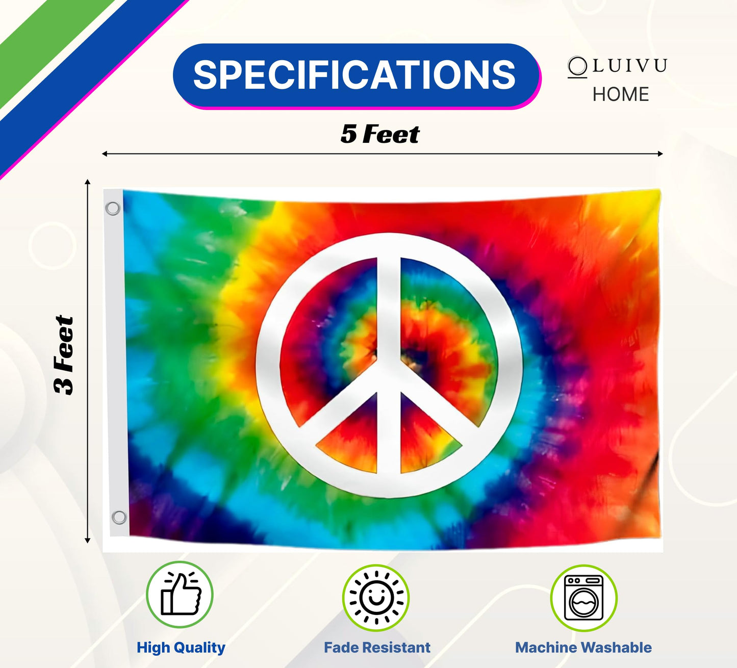 3x5 Feet Peace TieDye Polyester Flag with 2 Brass Grommets - Garden Decor Porch Lightweight Flag Rainbow Hippie Flags For Outdoors Decorative