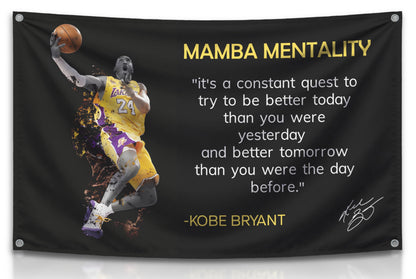 3x5 Feet NBA Basketball Player Sports Flag with Four Brass Grommets - Kobe Mamba Mentality Quote Banner - Motivational Artwork for Home or Office
