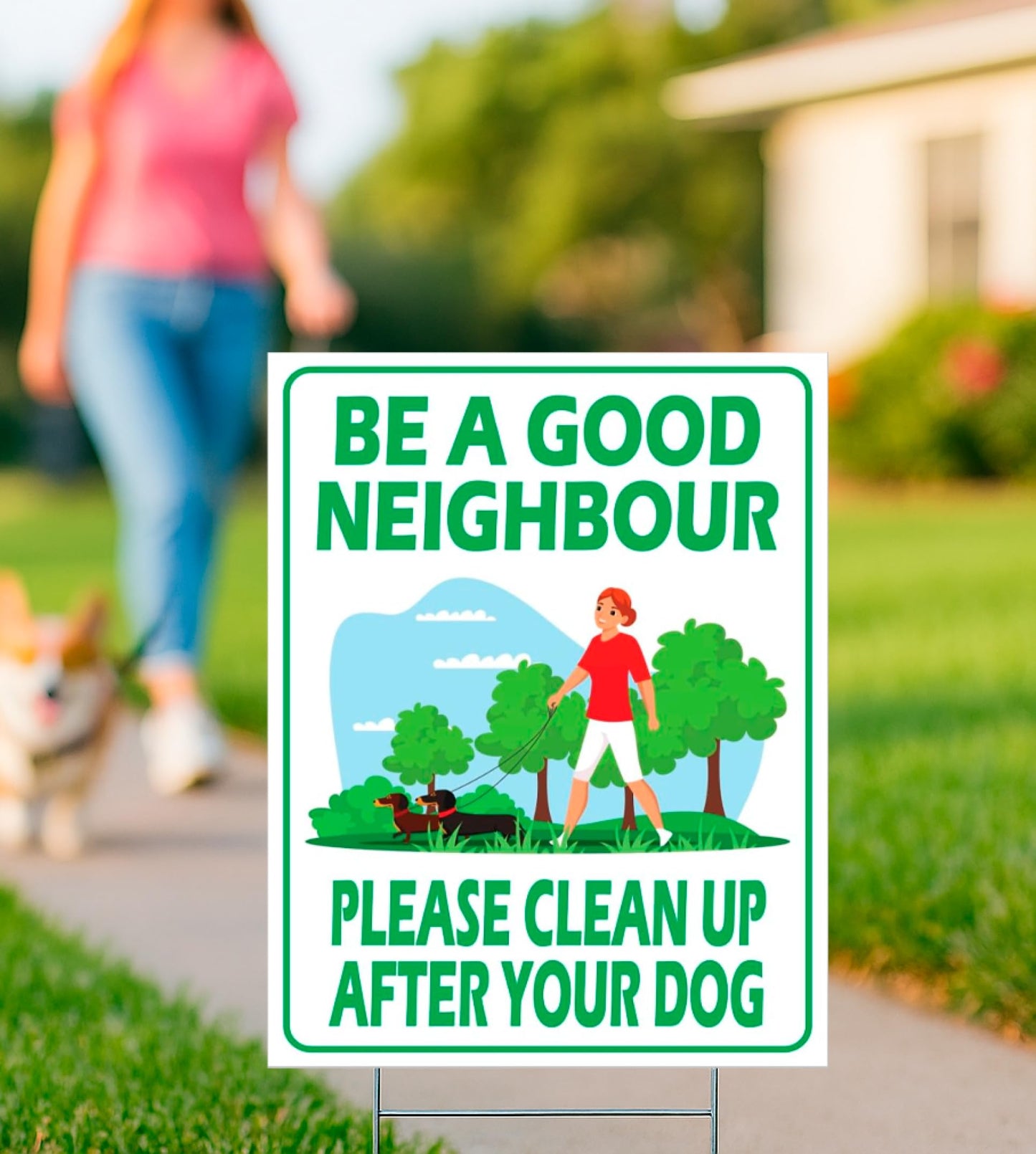 12х8 inch 3X Plastic Sign Clean Up After Your Dog with Metal Wire H-Stakes - Be a Good Neighbor Double Sided Signs Clean Up After Your Pet