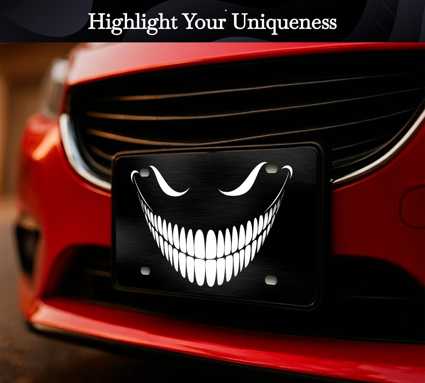 Personalized Front Black Cheshire Cat License Plate Frame - Car Frames Evil Cheshire Cat Smile with 4 Standard Slotted Mounting Holes