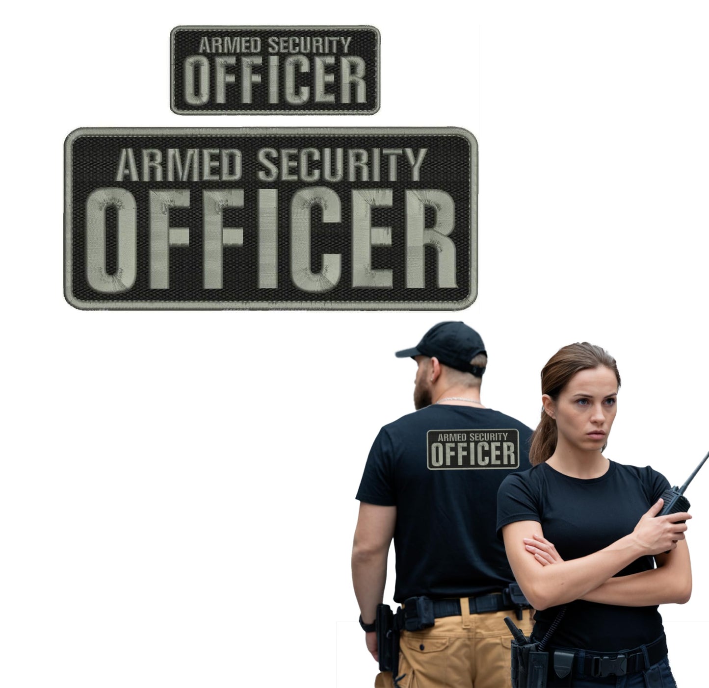 Set of 2 Armed 4x10 and 2x5 inches Security Officer Embroidery Patches - Officer Quality Grey Patches for Jacket Hat Backpacks
