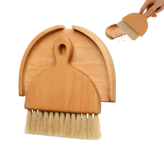 Desktop Table Dustpan and Brush Set for Home - Portable Cleaning Combo with Real Wood - Compact Brush for Sweeping