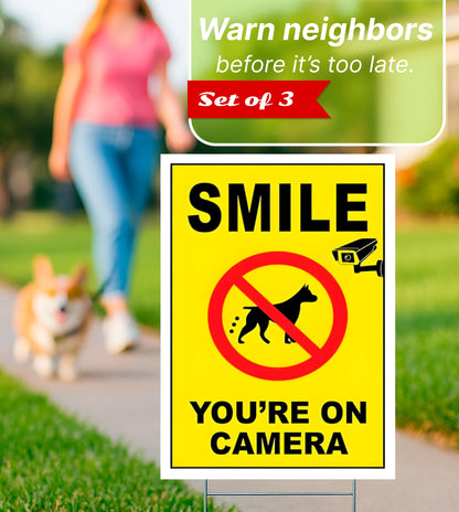 3-Pack 12x8 Inch Smile Your on Camera Signs with Stakes – Outdoor Lawn Protection No Trespassing, Video Surveillance Home Security Yard Plastic Signs