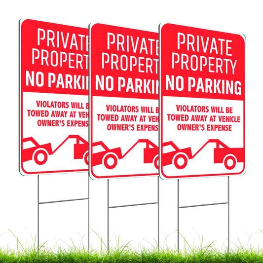 3X Private Property No Parking Plastic Sign with H-Stakes - 12x8 Inch No Parking Signs for Business - Stay Off Grass Double Sided Signs for Yard
