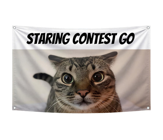 3x5 Feet Cats Meme Flag with Quote "Staring Contest Go" with Four Brass Grommets - Single Sided Funny Banner for Wall Bedroom Decoration