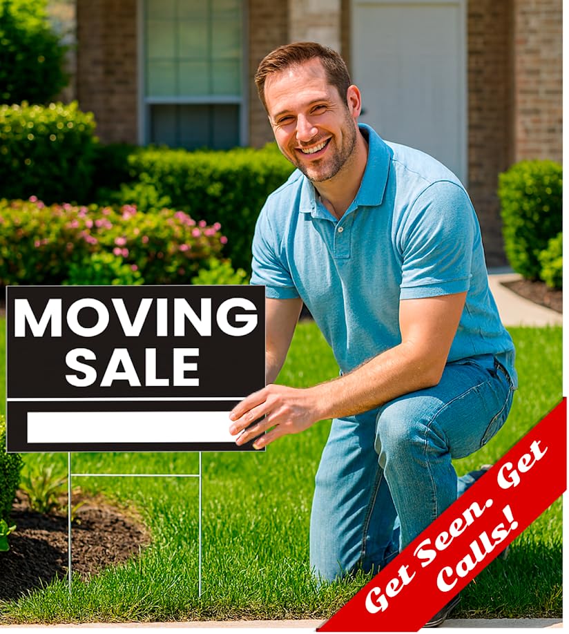 Set of 3 Double Sided 12x8 Inches Plastic Black Moving Sale Signs with Metal H-Stakes - Moving Sale Sign for Real Estate Agents