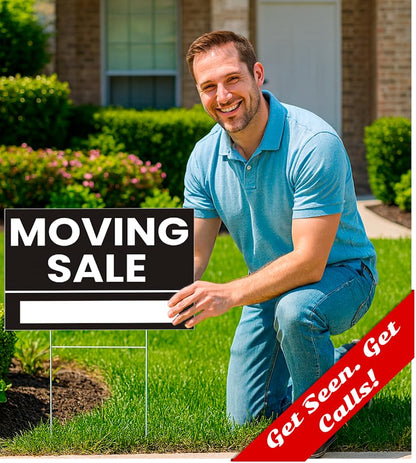Set of 3 Double Sided 12x8 Inches Plastic Black Moving Sale Signs with Metal H-Stakes - Moving Sale Sign for Real Estate Agents