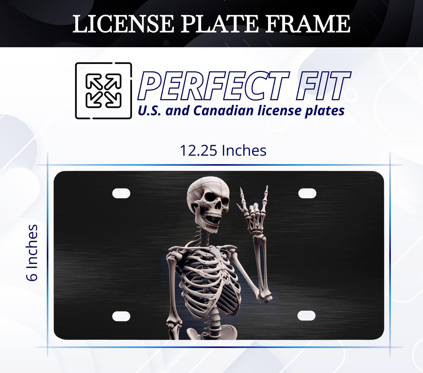 Personalized Human Skeleton Black License Plate Frame. Funny Halloween Skull Front License Plate Frames Designs with 4 Standard Slotted Mounting Holes