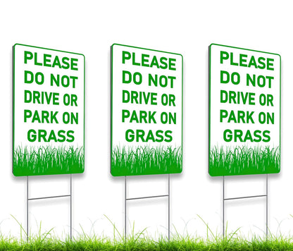 12х8 inch 3X Please Do Not Drive Or Park On Grass Double Sided Plastic Signs with Metal Wire H-Stakes