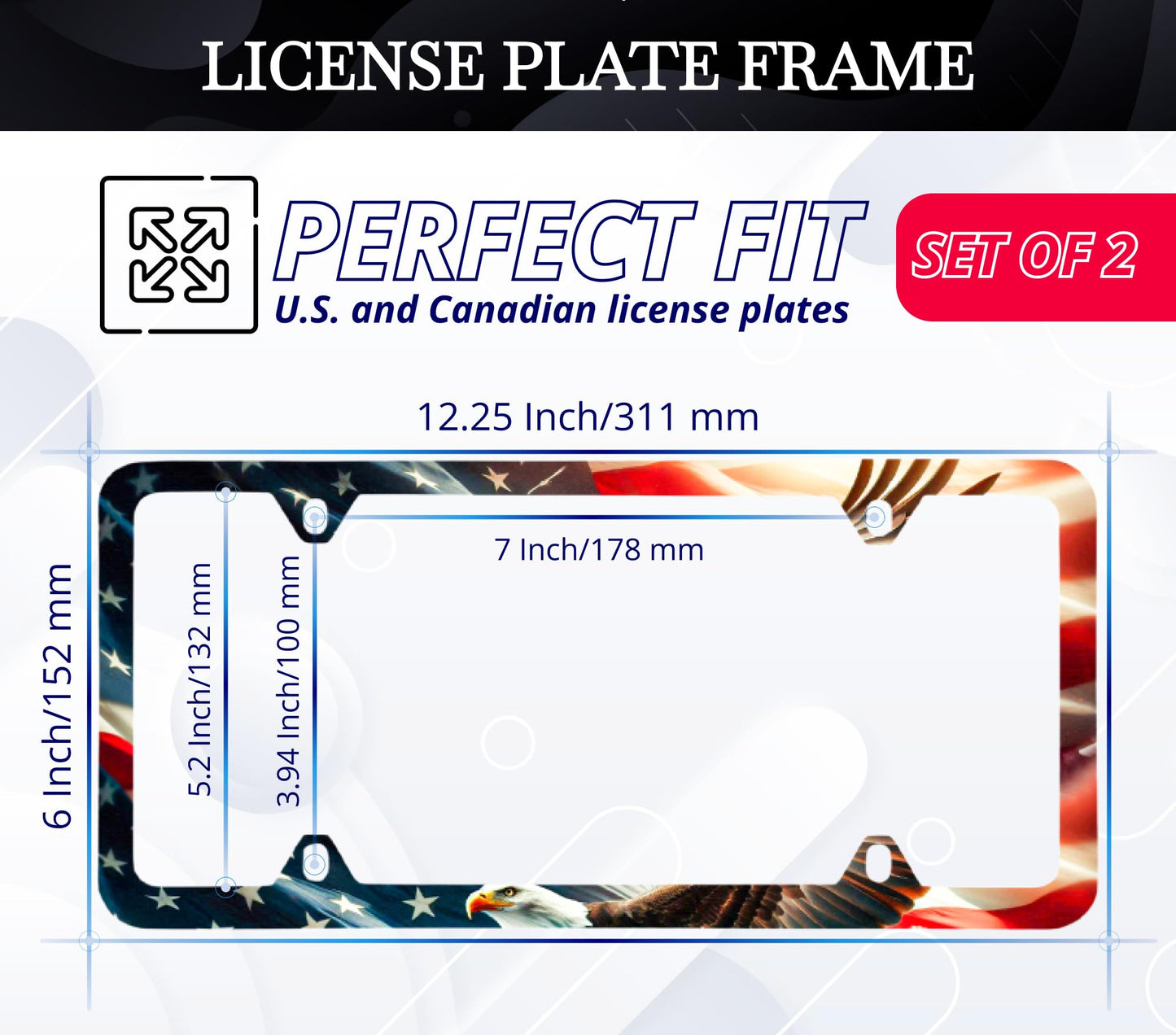 Set of 2 Personalized Car License Plate Frames for US Standard Frame American Flag Eagle - Plate Frame 6 x 12.25 inches and 4 Holes and Screws