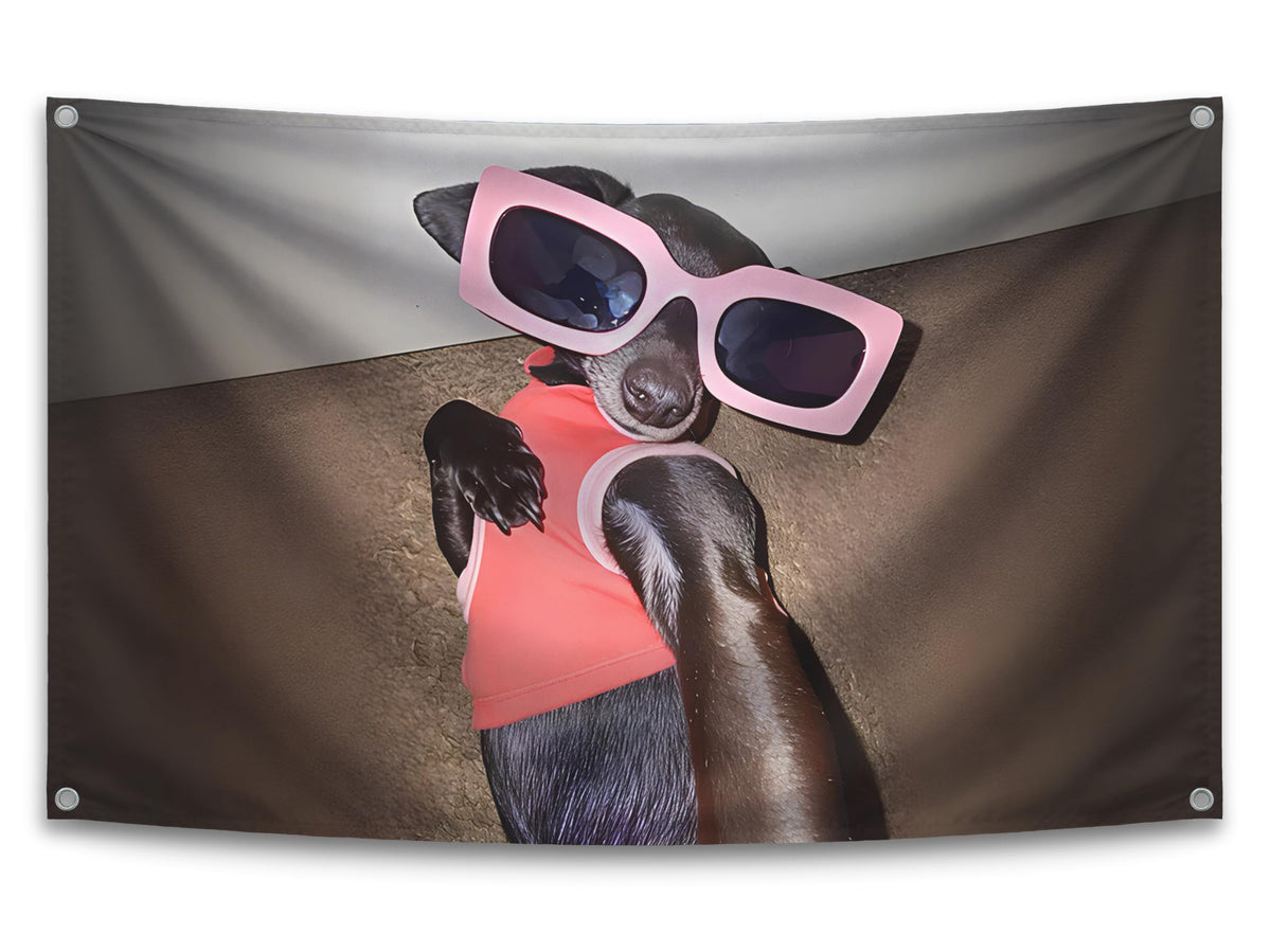 3x5 ft Selfie Dog in Rose-Colored Glasses Meme Flag – Funny Dorm Banner