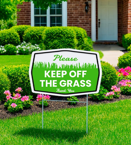 Set of 3 Double Sided 12x8 Inches Plastic Please Keep Off The Grass Thank You Signs with Metal H-Stakes - Curb Your Dog no Pooping