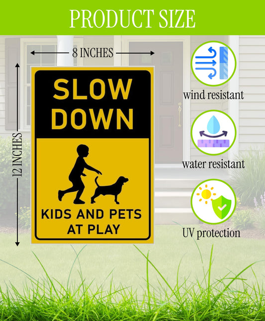 8x12 inch 3X Slow Down Kids and Pets at Play Yard Plastic Signs with Metal Wire H-Stakes - Street Slow Children at Play Double Sided Sign