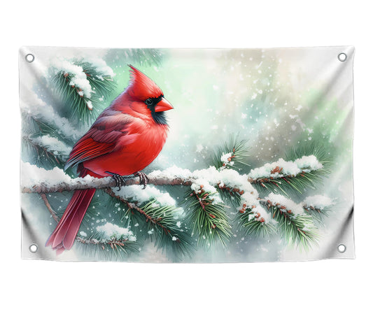 3x5 Feet Cardinal Bird Single Sided Flag with 4 Brass Grommets - Tree Branches Snowflake Winter Watercolor Animal Flag - Banners Farmhouse Polyester