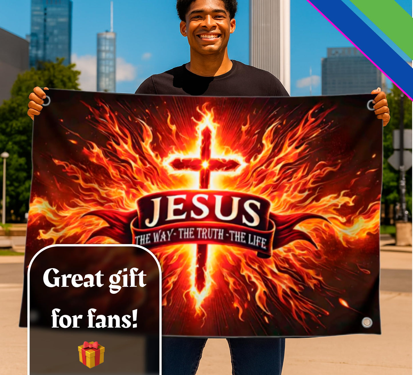 3x5 Feet Polyester Flag Cross in Fire "The Way Me Truth, The Life" with 4 Brass Grommets - Decorations God Banner for Room. American Flags for Outside