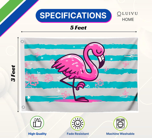 3x5 Feet Pink Flamingo Flag with 2 Brass Grommets - Single Sided Banner Tropical Bird Flower Stripe Flags - Big Flag Outdoor Indoor