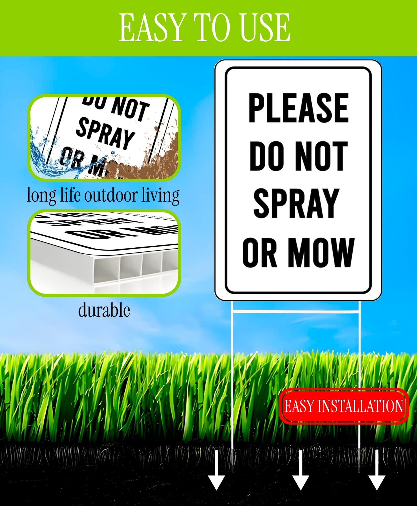 Set of 3 Double Sided Please Do not Spray or Mow Sign with Metal Stakes - 12x8 Inches Plastics Garden Signs Outdoor or Indoor for Lawn Yard