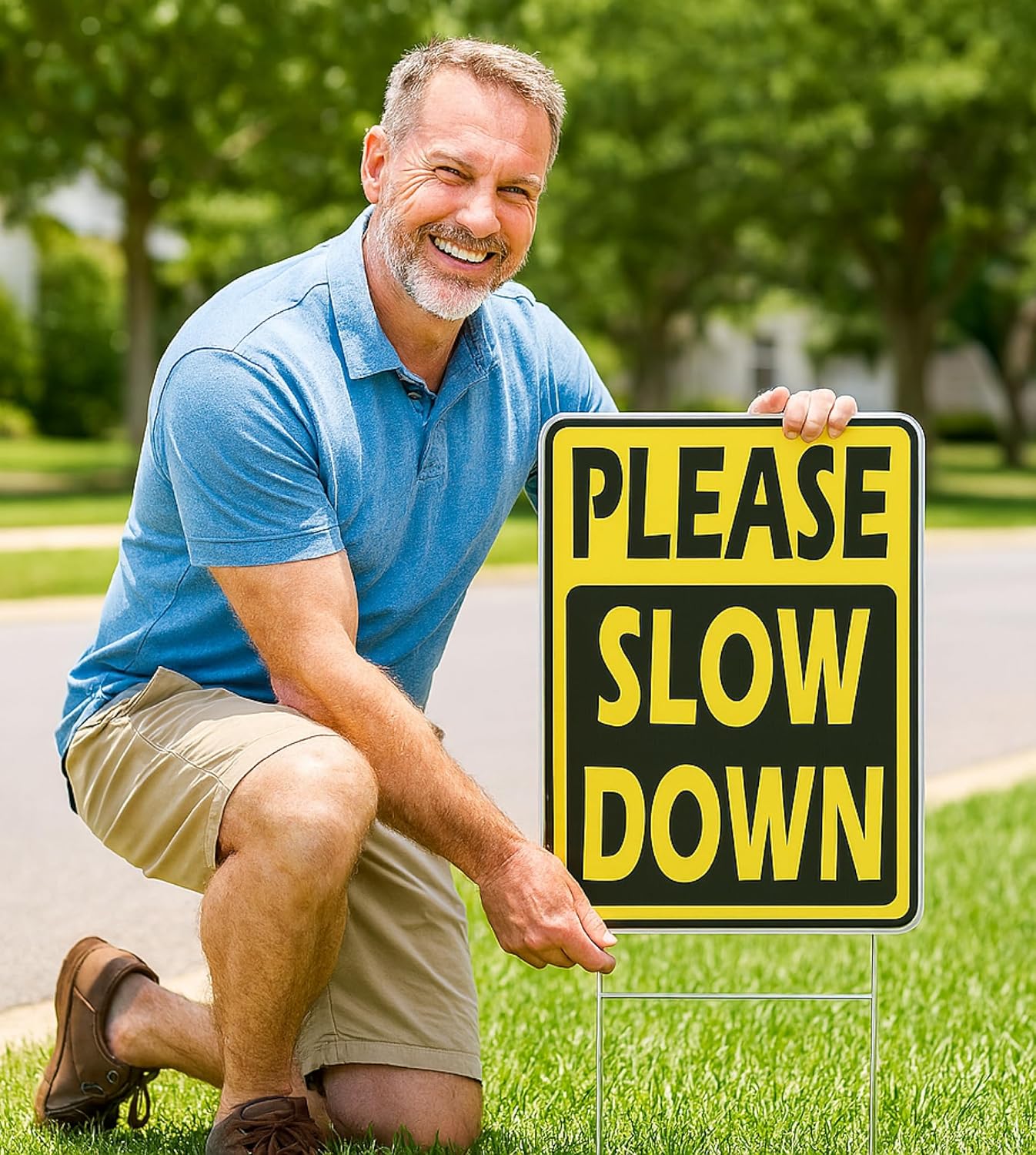 Set of 3 Double Sided 12x8 Inches Please Slow Down Signs with Stakes