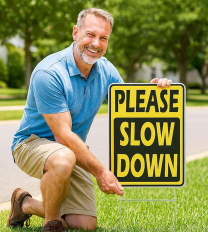 Set of 3 Double Sided 12x8 Inches Please Slow Down Signs with Stakes