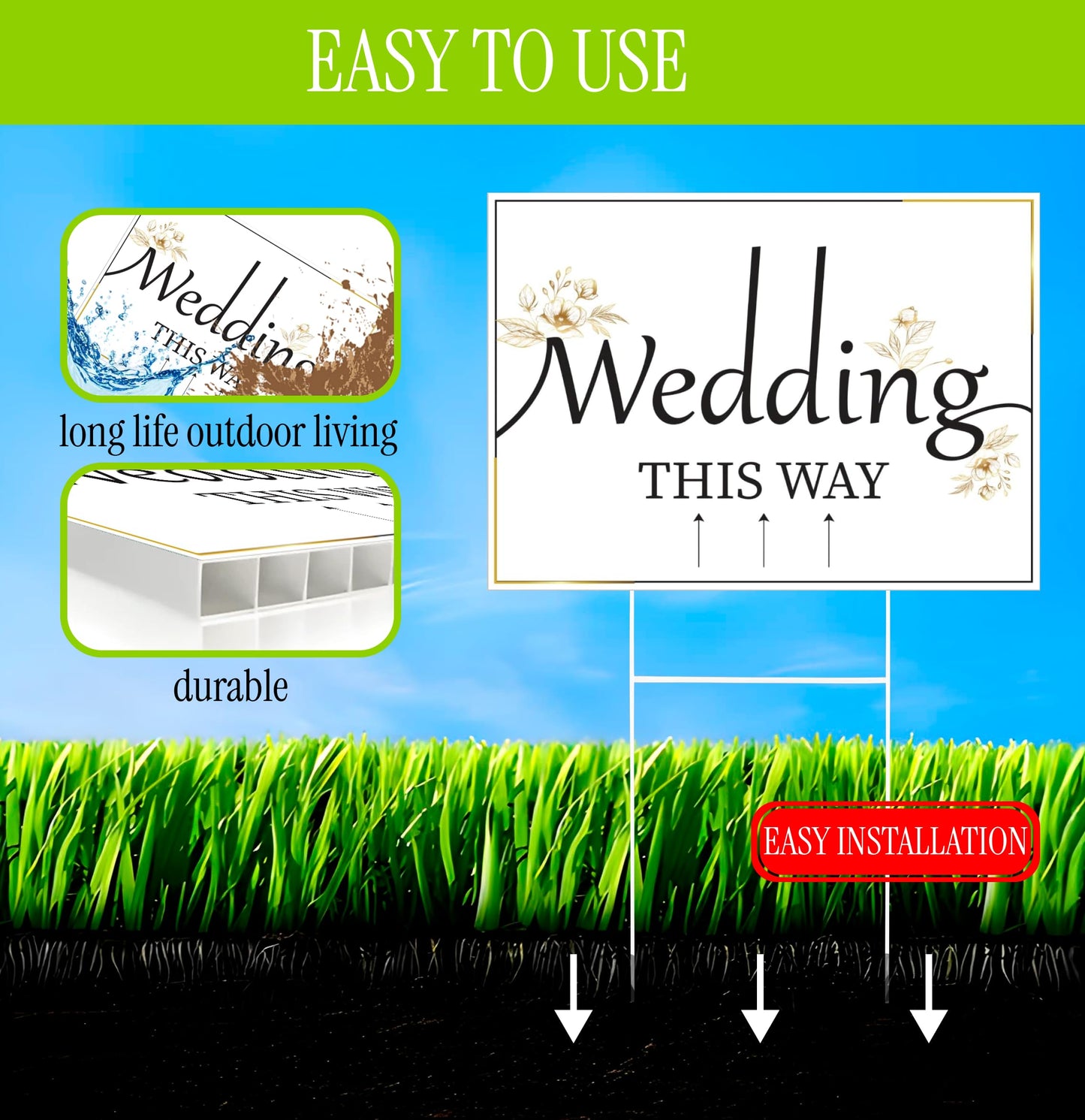 ULVEOL 12x16 inch Pack of 3 Wedding Direction Arrow Signs - Classic White Plastic Wedding Signs with H Stakes - Double-Sided Printed Arrows