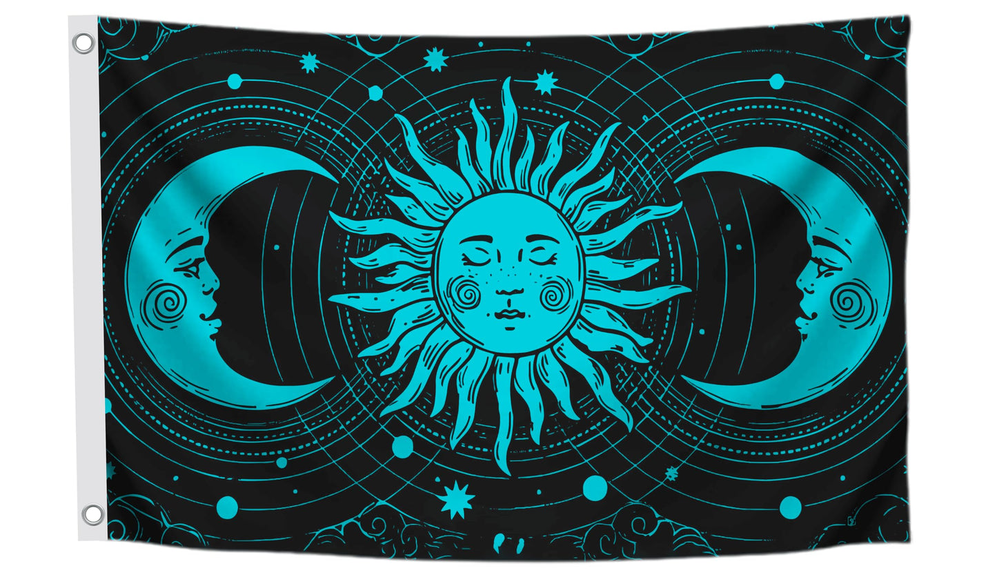 3x5 Feet Feet Sun and Moon Celestial Hippie Black Art Polyester Flags with 2 Grommets - Spring Summer Holiday Garden Decor for Outside or Inside