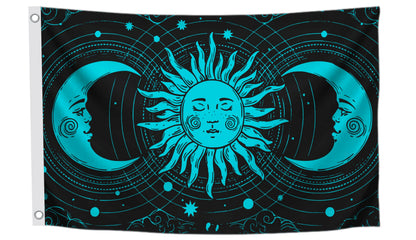 3x5 Feet Feet Sun and Moon Celestial Hippie Black Art Polyester Flags with 2 Grommets - Spring Summer Holiday Garden Decor for Outside or Inside