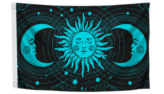 3x5 Feet Feet Sun and Moon Celestial Hippie Black Art Polyester Flags with 2 Grommets - Spring Summer Holiday Garden Decor for Outside or Inside