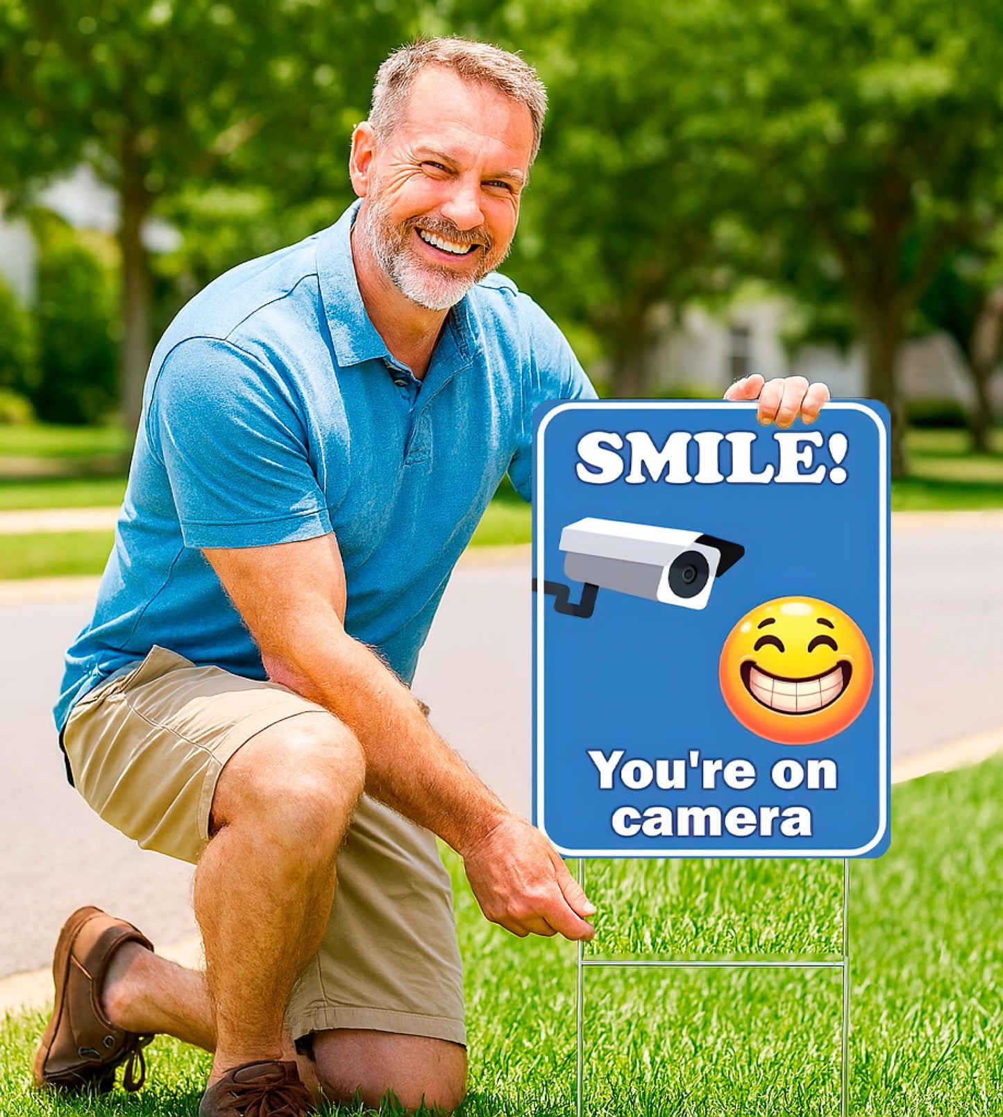 Set of 3 Double Sided 12x8 Inches Plastic Sign With H-Stakes "SMILE! You'reon Camera" - Tresspassing Video Surveillance Private Property Signs